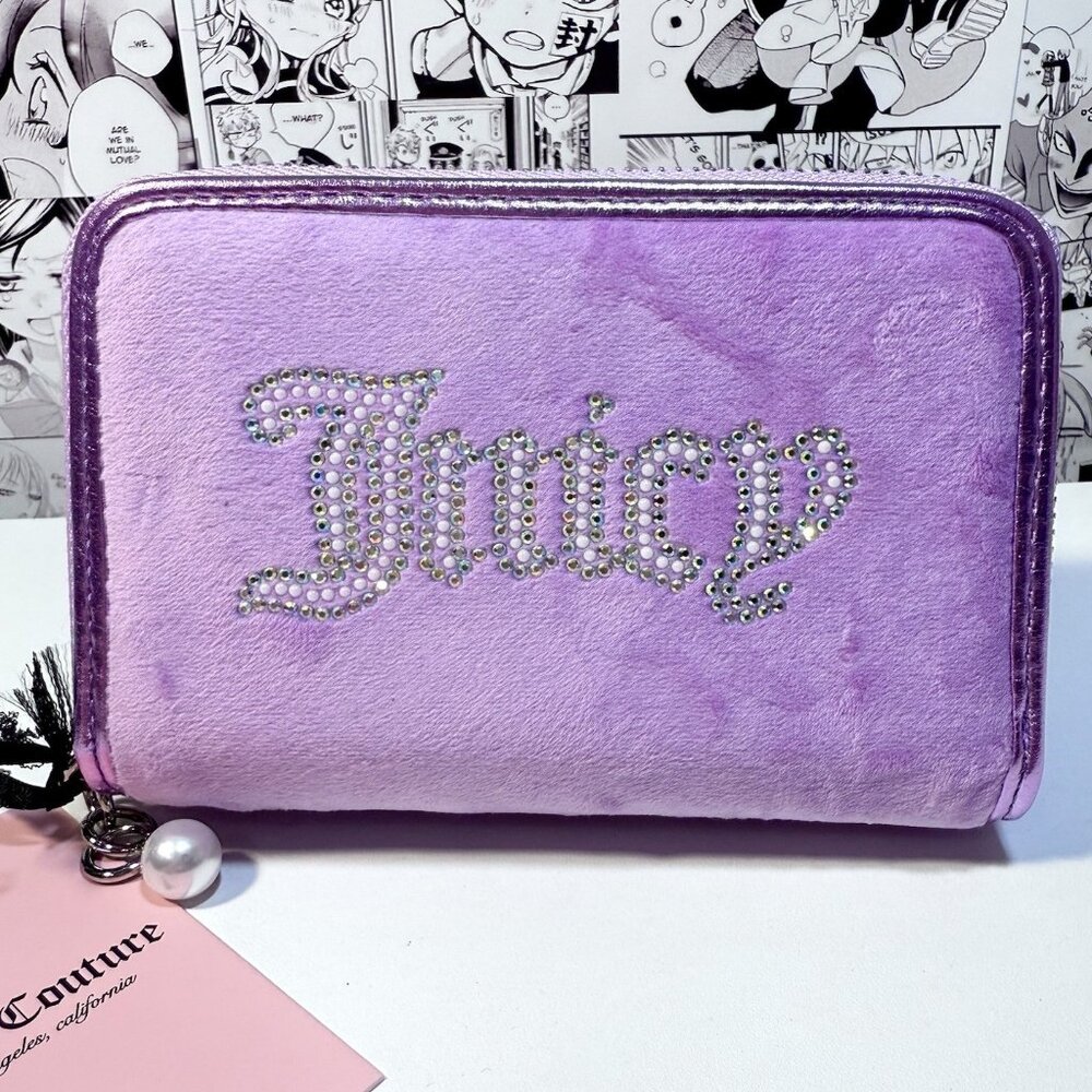 NWT Juicy Couture String Of Pearls Double Medium Zip Around Wallet Violet Tulle